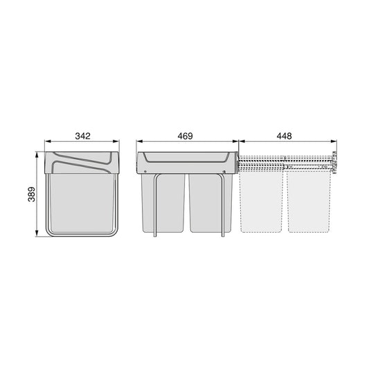 Recycling bin for lower mounting and manual pull out in kitchen unit