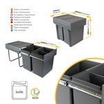 Recycling bin for lower mounting and manual pull out in kitchen unit