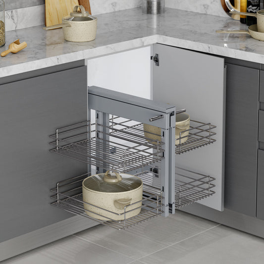 Pull-out corner system for kitchen furniture